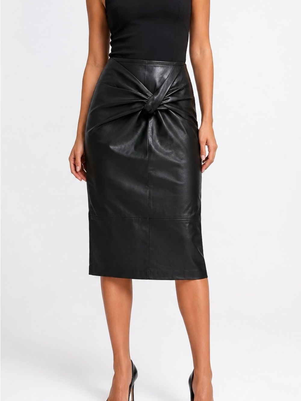 ASTR the Label Yuria Black Faux Leather Midi Pencil Skirt S Quiet Luxury Boho